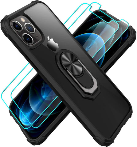 Amuoc Compatible with iPhone 12 case(2020)| iPhone12 pro Case(2020), [ Military Grade ] with [ Glass Screen Protector] 15ft. Drop Tested Protective Case | Kickstand | 6.1 Inch - Black