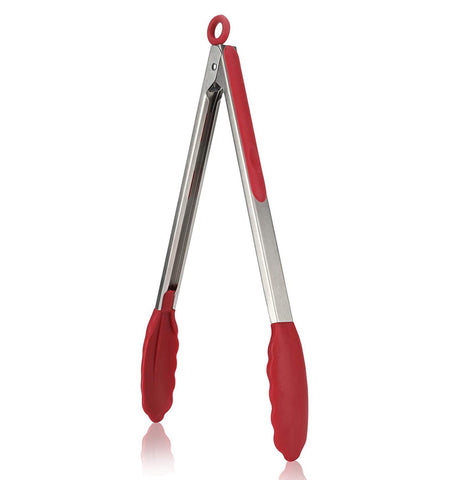 Premium Stainless Steel Locking Kitchen Tongs with Silicon Tips-for Cooking, Serving, Grill, BBQ & Salad \xef\xbc\x88Red)