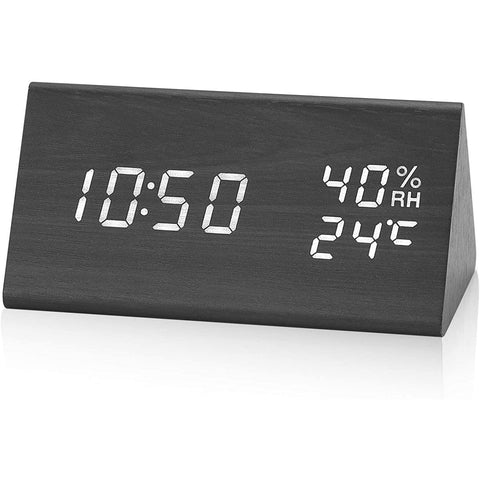 Alarm Clock, with Wooden Electronic LED Time Display, 3 Alarm Settings, Humidity & Temperature Detect, Wood Made Electric Clocks for Bedroom, Bedside, Black
