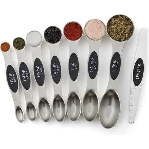 Magnetic Measuring Spoons Set, Dual Sided, Stainless Steel, Fits in Spice Jars (8Pcs-Black)