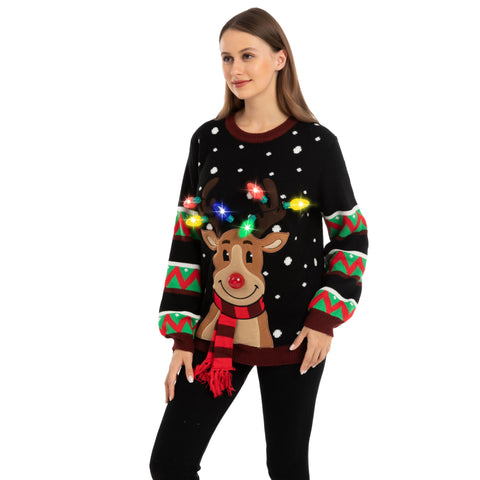 Black Reindeer Ugly Sweater With Light Bulbs For Women